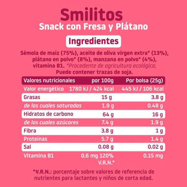SMILITOS SNACK ECO SMILEAT 1 BOLSA 25 G CON FRESA Y PLATANO