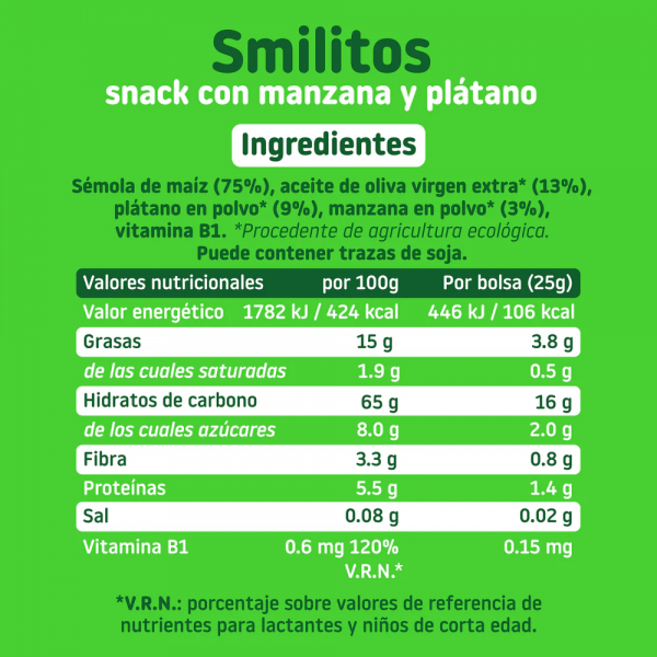 SMILITOS SNACK ECO SMILEAT 1 BOLSA 25 G CON MANZANA Y PLATANO